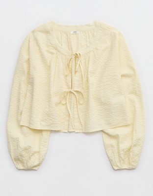 Aerie Seersucker Long Sleeve Volume Tie Top - Cozy Yellow