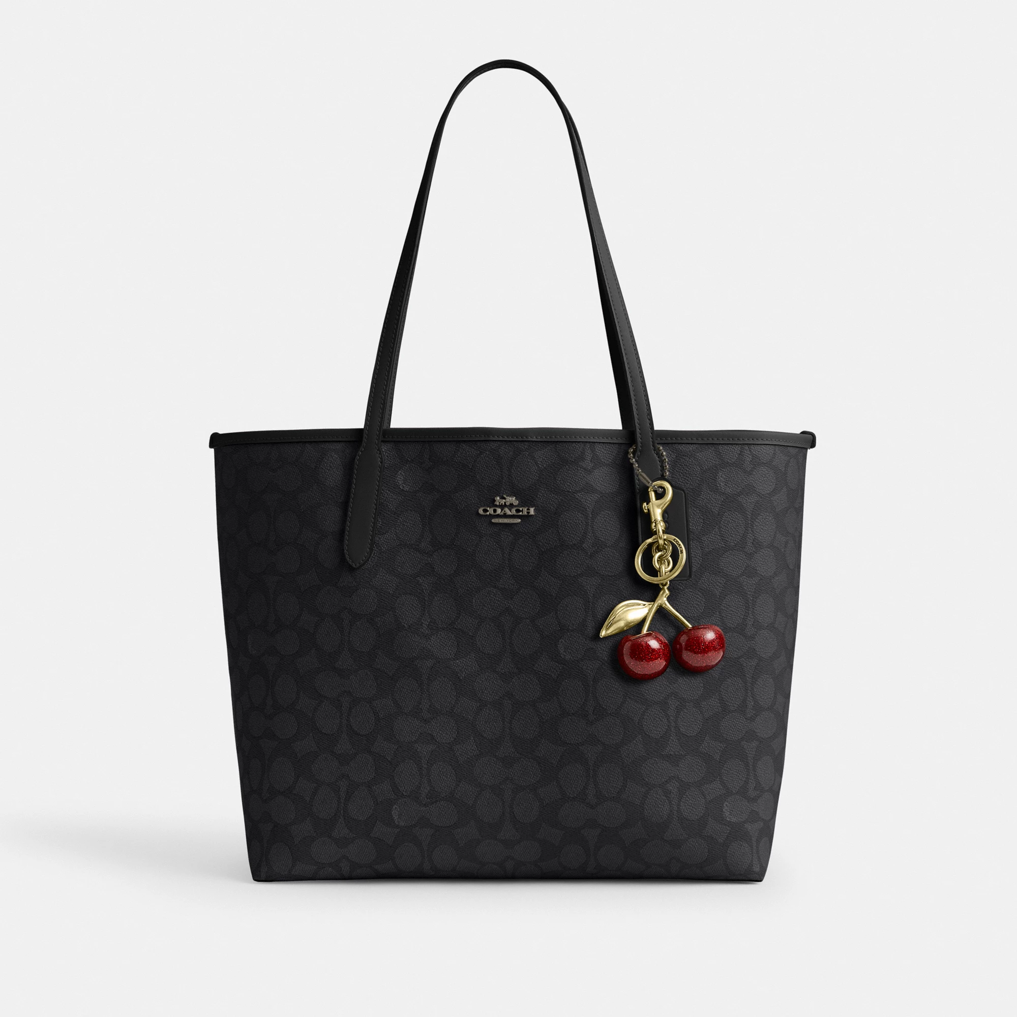 COACH®,City Tote Bag In Signature Canvas,Tote,Metal,Tag Embellishment,Color Block,Embossed,Piping,Logo,Casual,Black,Angle View