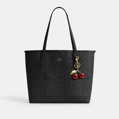 COACH®,City Tote Bag In Signature Canvas,Tote,Metal,Tag Embellishment,Color Block,Embossed,Piping,Logo,Casual,Black,Angle View