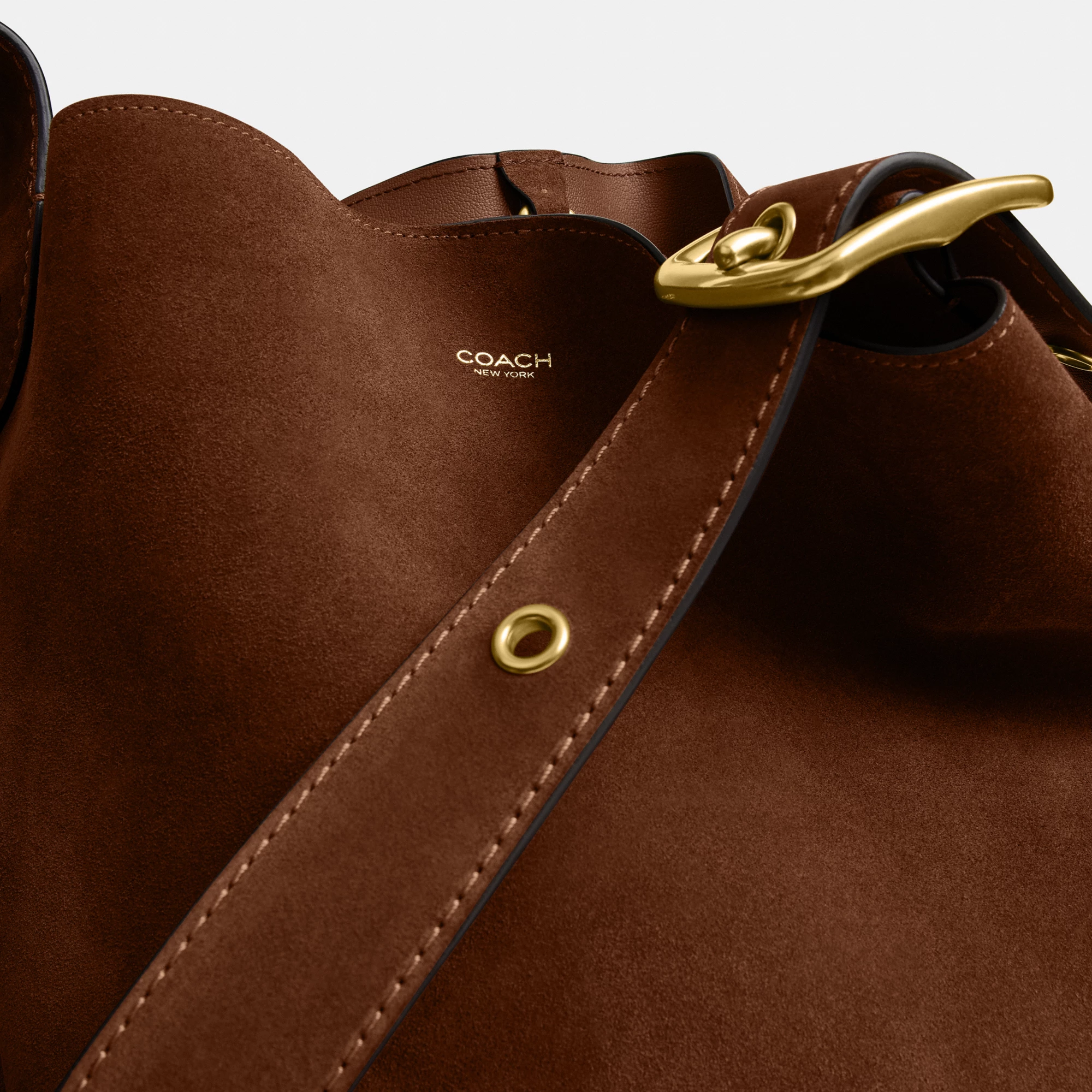 COACH®,Bleecker Bucket Bag,Leather,Suede,Bucket,Hobo,Embellished,Lined,Adjustable,Gold Metal,Casual,Brown,Closer View