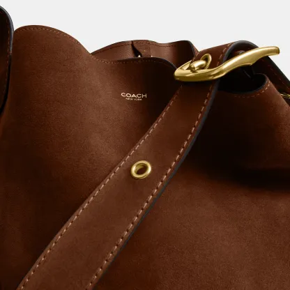 COACH®,Bleecker Bucket Bag,Leather,Suede,Bucket,Hobo,Embellished,Lined,Adjustable,Gold Metal,Casual,Brown,Closer View