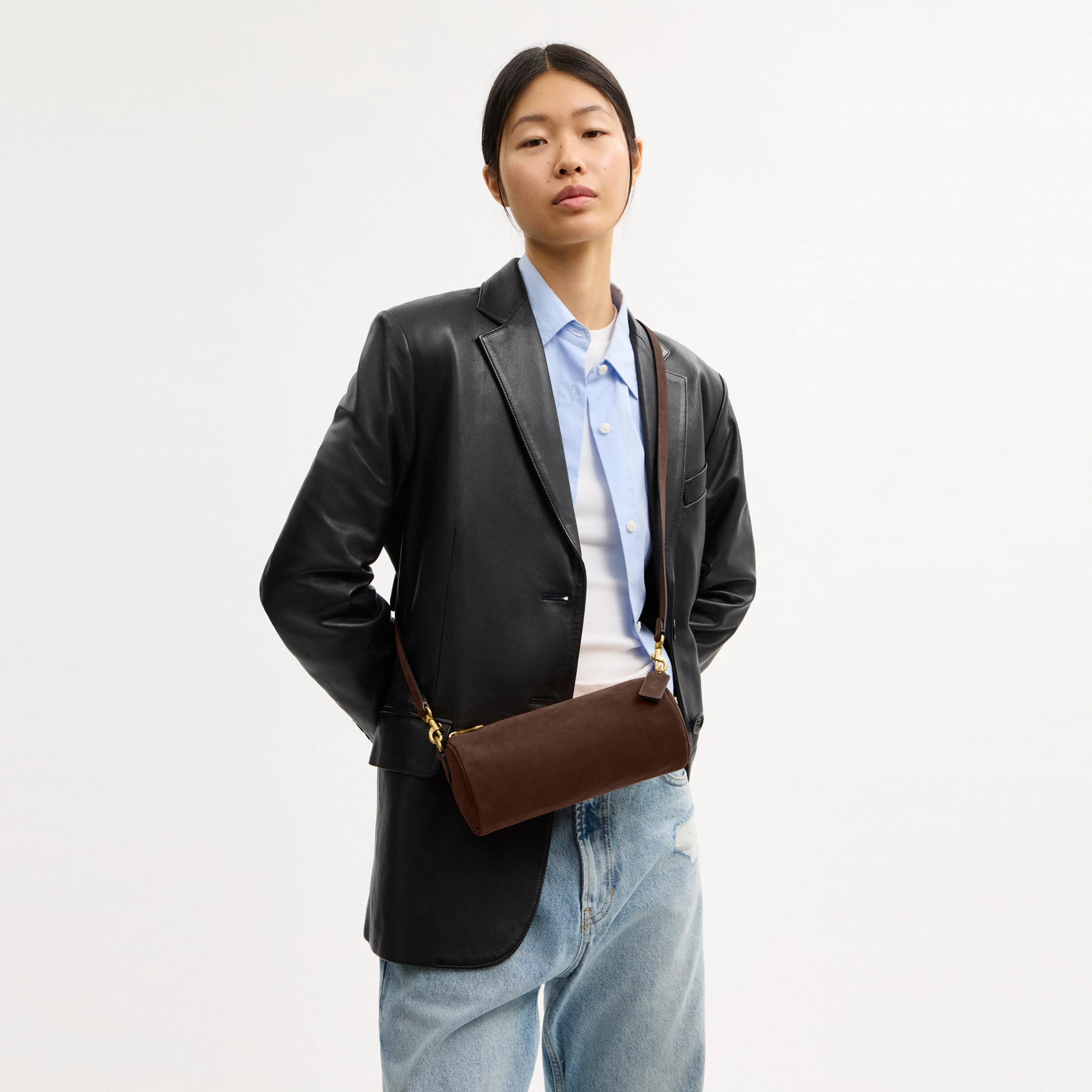 COACH®,Barrel Bag,Calfskin Leather,Suede,Barrel Bag,Pendant,Lined,Adjustable,Brass,Casual,Brown,Detail View