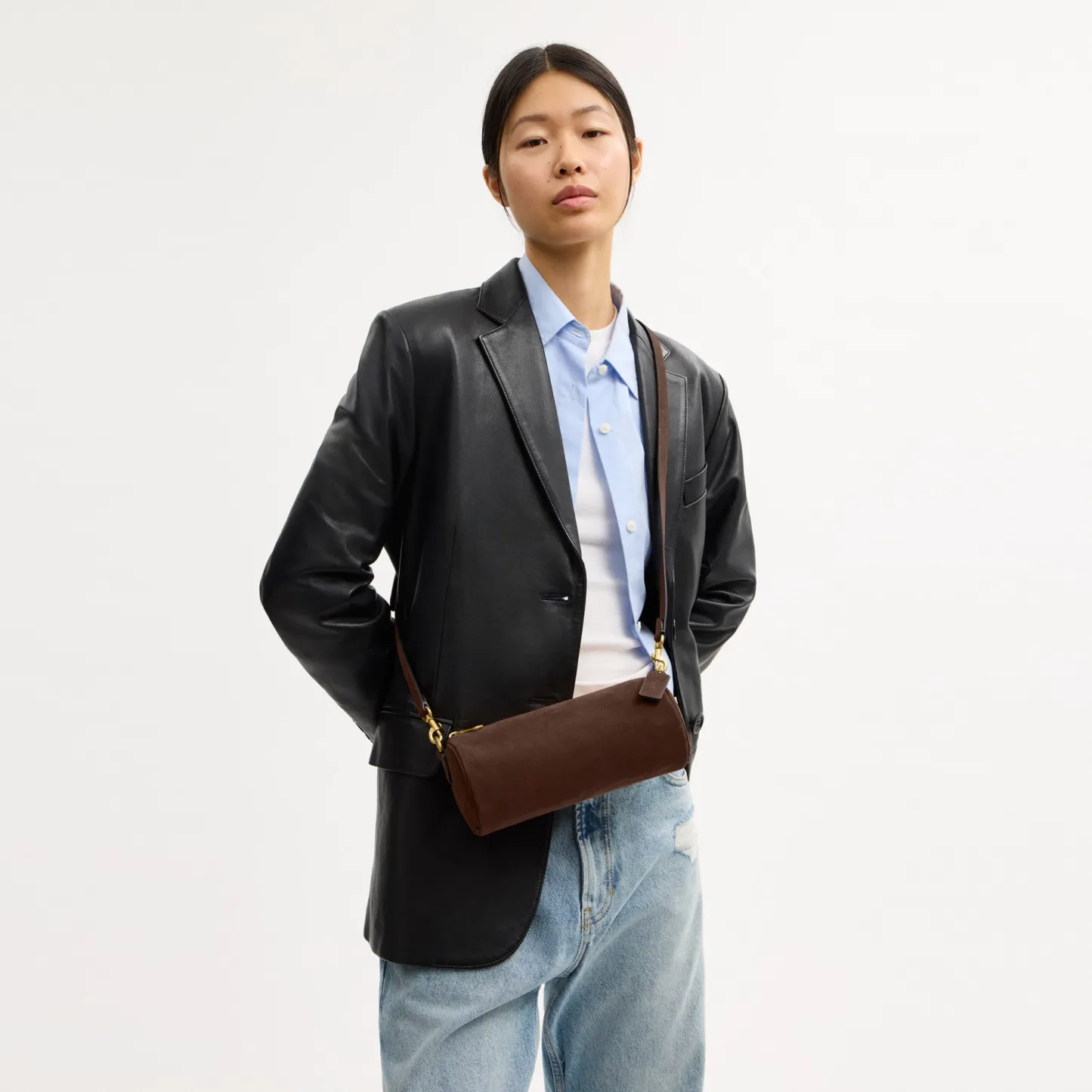 COACH®,Barrel Bag,Calfskin Leather,Suede,Barrel Bag,Pendant,Lined,Adjustable,Brass,Casual,Brown,Detail View