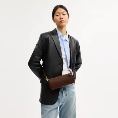 COACH®,Barrel Bag,Calfskin Leather,Suede,Barrel Bag,Pendant,Lined,Adjustable,Brass,Casual,Brown,Detail View