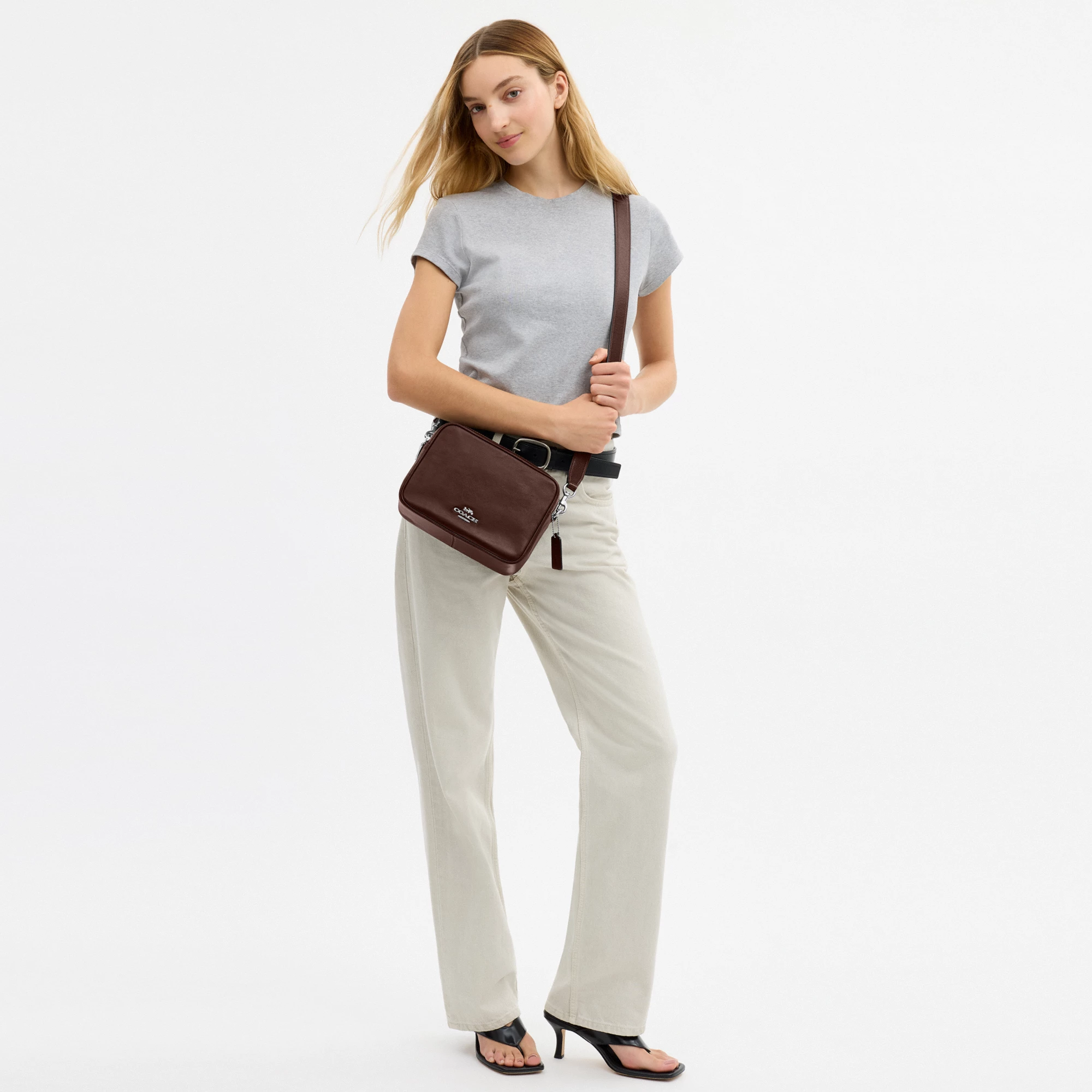 COACH®,Carey Crossbody Bag,Recycled Polyester,Leather,Camera Bag,Metal,Logo,Adjustable,Lined,Gold Metal,Casual,Brown