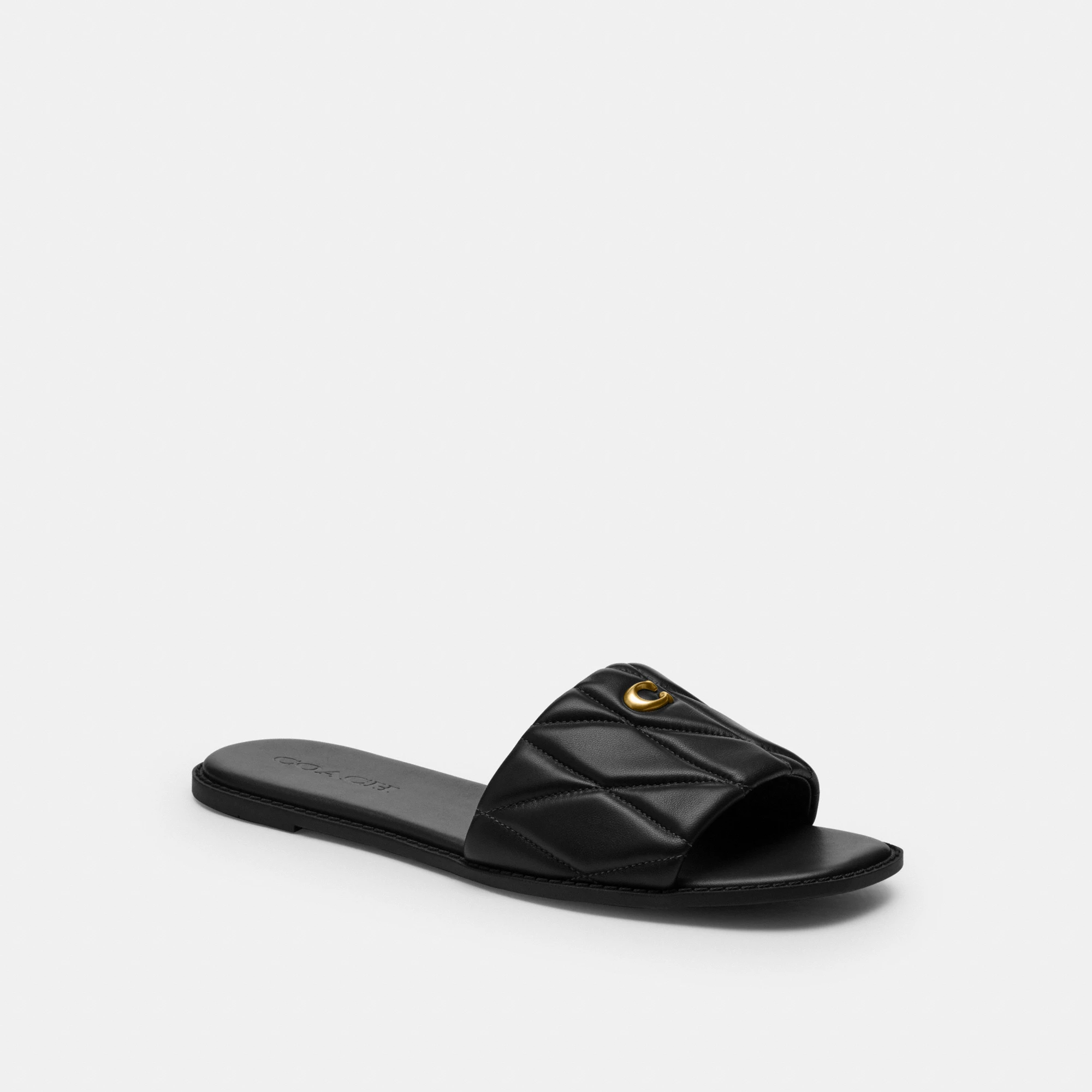 COACH®,Holly Sandal With Quilting,Rubber,Leather,Slides,Metal,Logo,Traction,Cushioned,Casual,Black,Front View