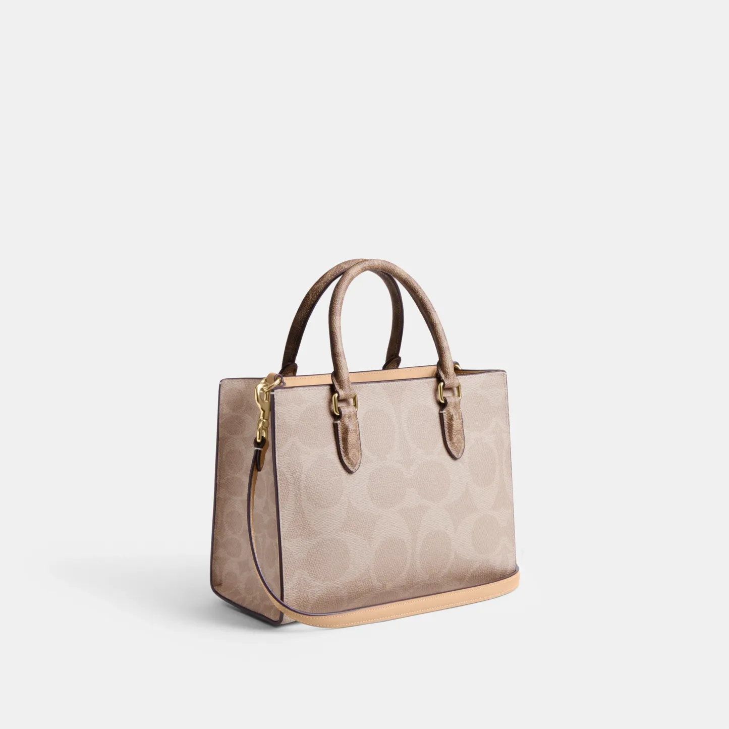 COACH®,Maggie Small Tote Bag In Blocked Signature Canvas,Leather,Canvas,Satchel,Casual,Beige,Angle View