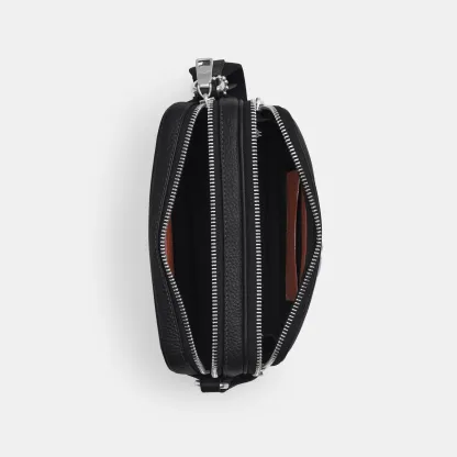 COACH®,Colton Crossbody Bag 19,Recycled Polyester,Leather,Crossbody,Logo,Sustainable,Silver Metal,Casual,Black,Inside View,Top View
