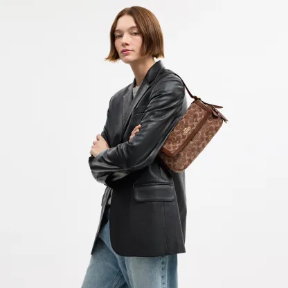 COACH®,Etta Small Flap Shoulder Bag In Signature Chenille,Leather,Fabric,Shoulder Bag,Word Embellishment,Logo,Adjustable,C...,Brown,Detail View