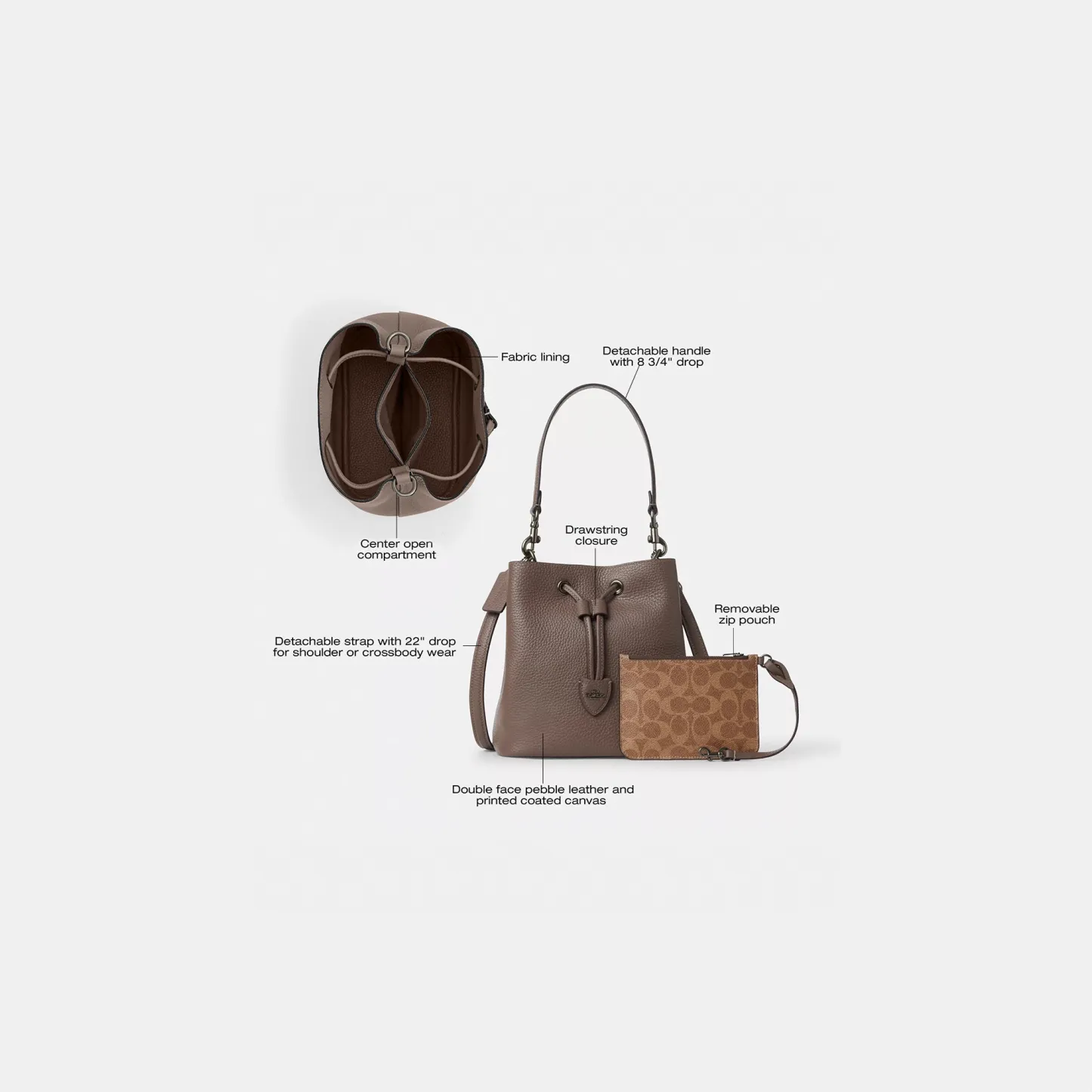 COACH®,Rowan Bucket Bag,Leather,Bucket,Metal,Logo,Casual,Brown