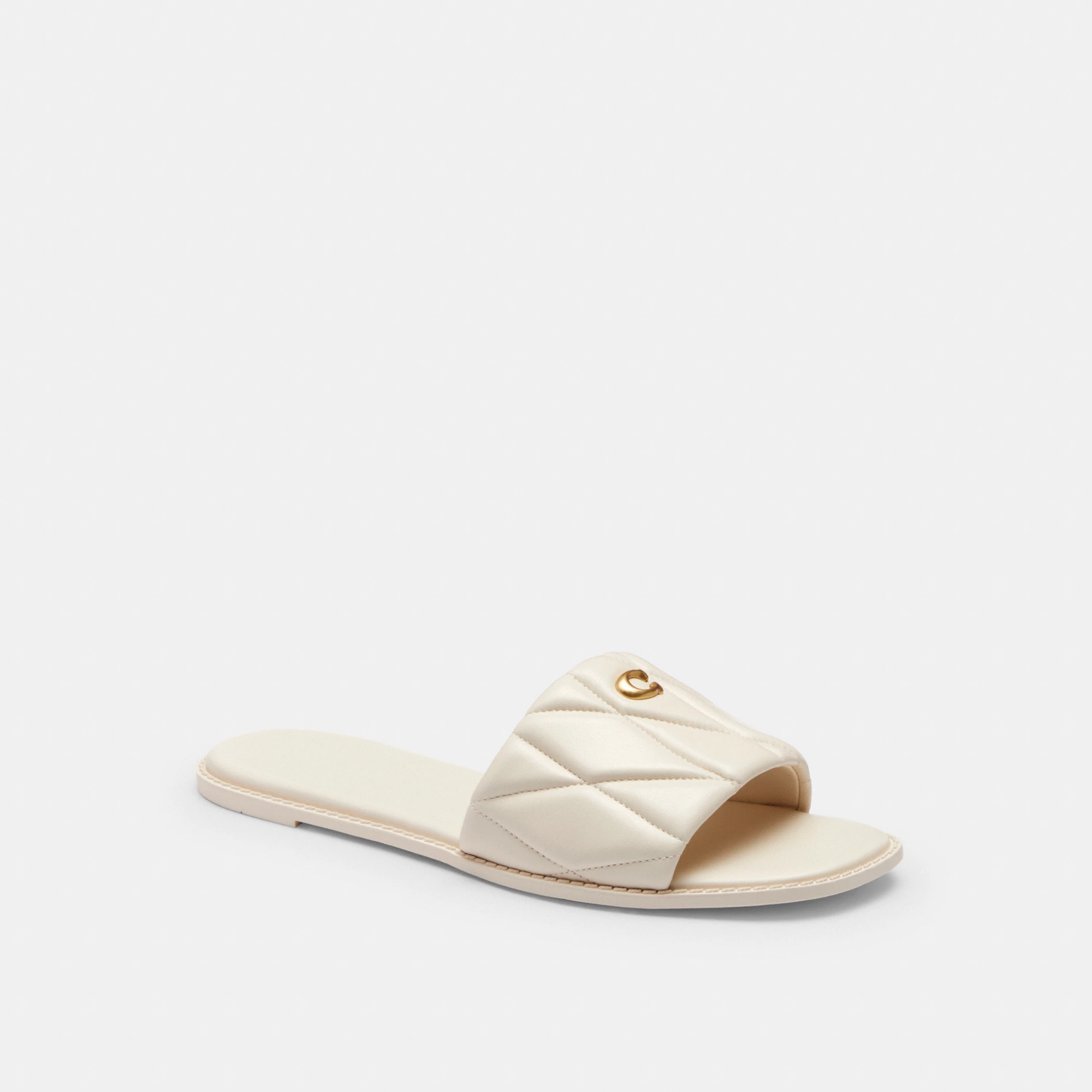 COACH®,Holly Sandal With Quilting,Rubber,Leather,Slides,Metal,Logo,Traction,Cushioned,Casual,Cream,Front View