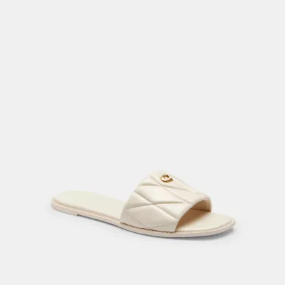 COACH®,Holly Sandal With Quilting,Rubber,Leather,Slides,Metal,Logo,Traction,Cushioned,Casual,Cream,Front View