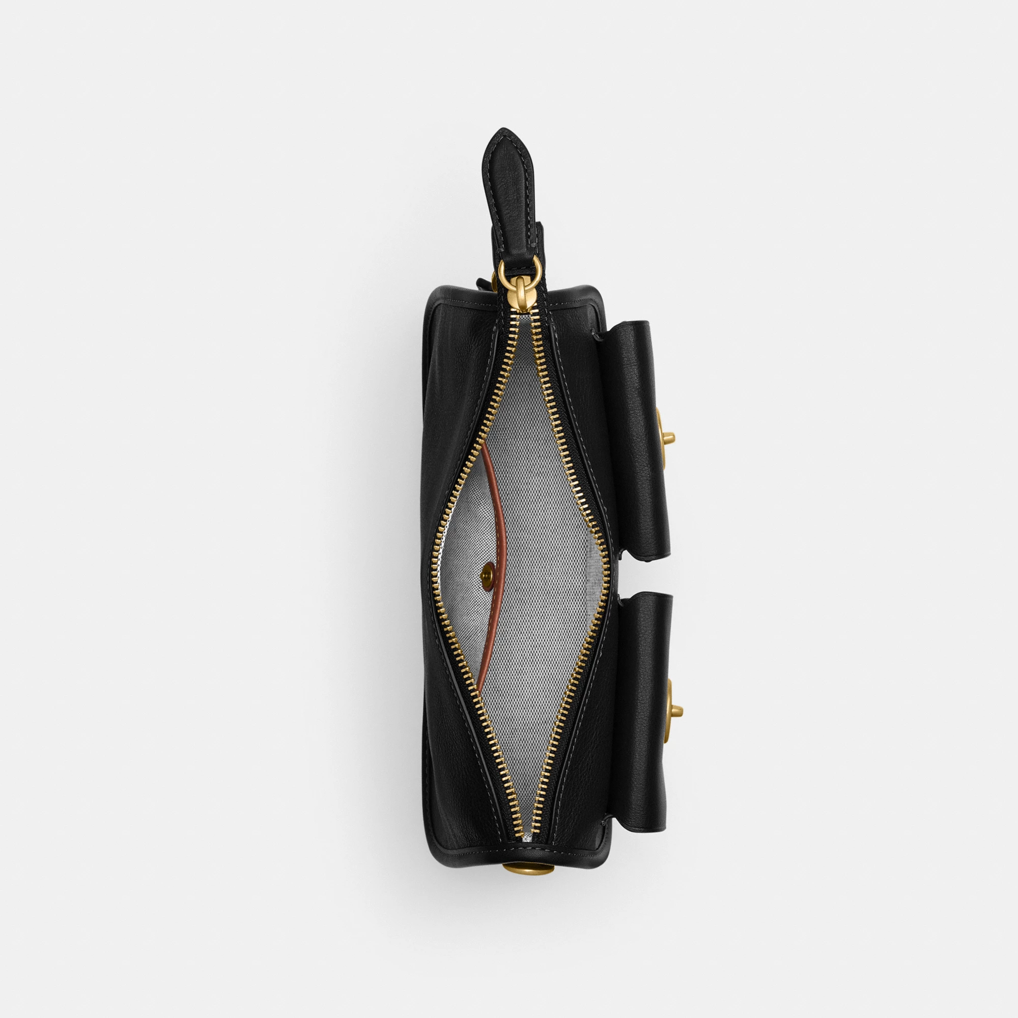 COACH®,Twin Turnlock Waverly Bag,Leather,Cotton,Shoulder Bag,Pendant,Compact,Gold Metal,Day Party,Black,Inside View,Top View