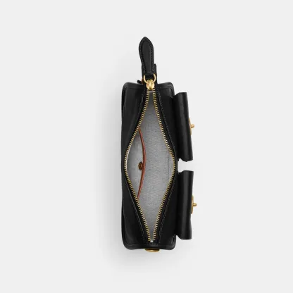 COACH®,Twin Turnlock Waverly Bag,Leather,Cotton,Shoulder Bag,Pendant,Compact,Gold Metal,Day Party,Black,Inside View,Top View