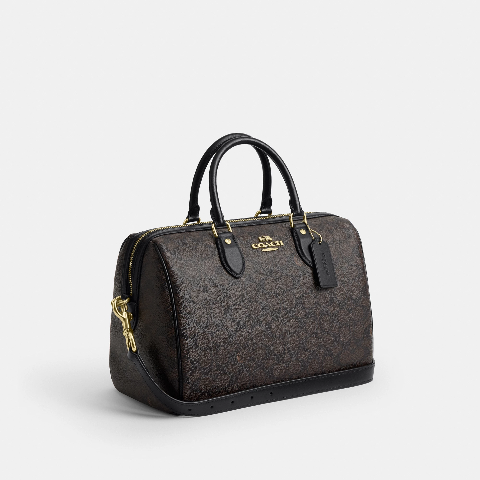 COACH®,Rowan Large Satchel Bag In Signature Canvas,Polyester,Leather,Canvas,Recycled Polyester,Satchel,Logo,Sustainable,Ad...,Brown,Angle View