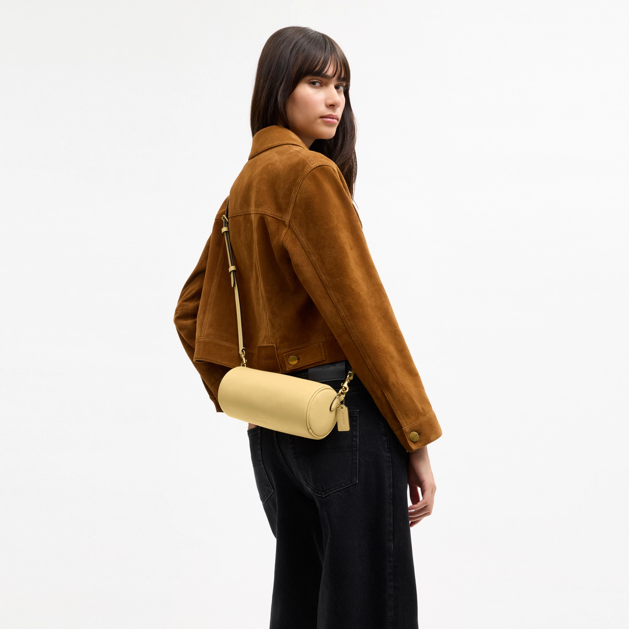 COACH®,Barrel Bag,Cotton,Leather,Barrel Bag,Pendant,Sustainable,Lined,Gold Metal,Day Party,Yellow,Detail View