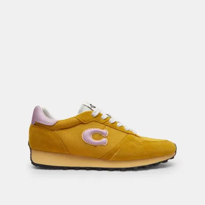COACH®,Retro Runner,Rubber,Recycled Polyester,Mesh,Suede,Activewear,Fabric,Logo,Color Block,Sustainable,Pull Tab,Breathabl...,Mustard,Angle View