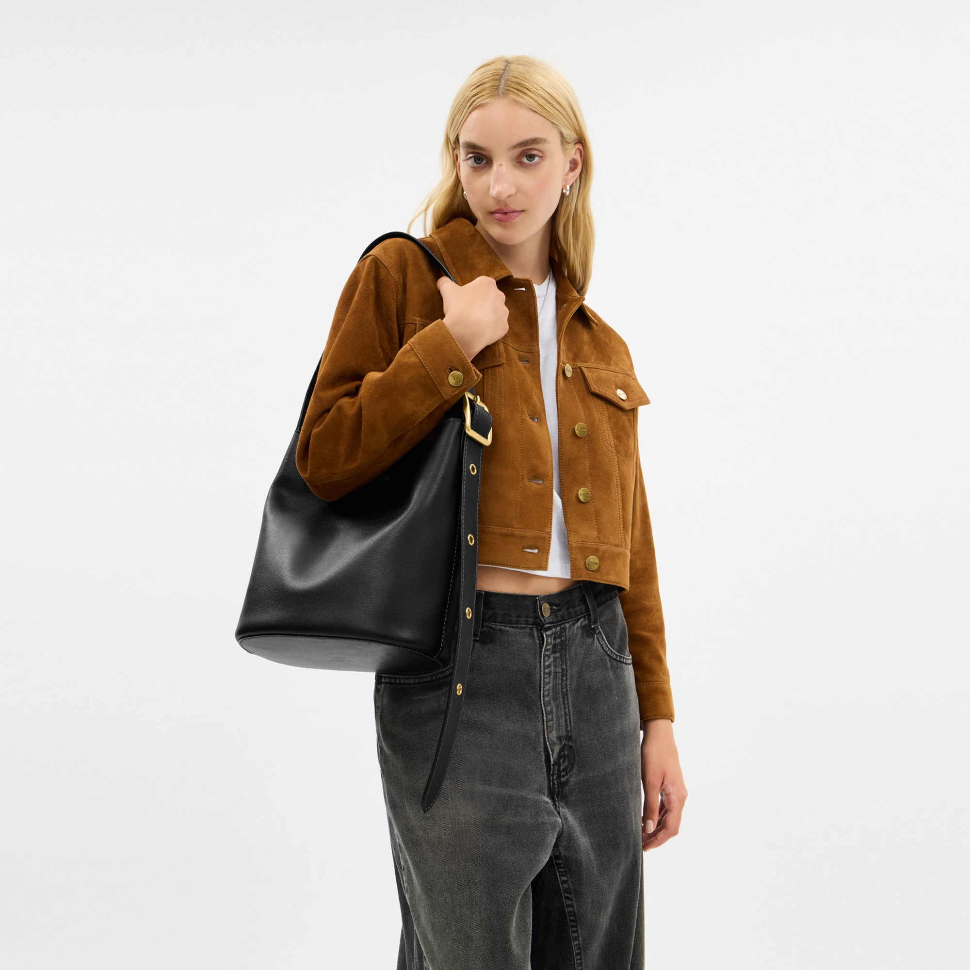 COACH®,Bleecker Bucket Bag,Leather,Bucket,Adjustable,Gold Metal,Casual,Black,Detail View