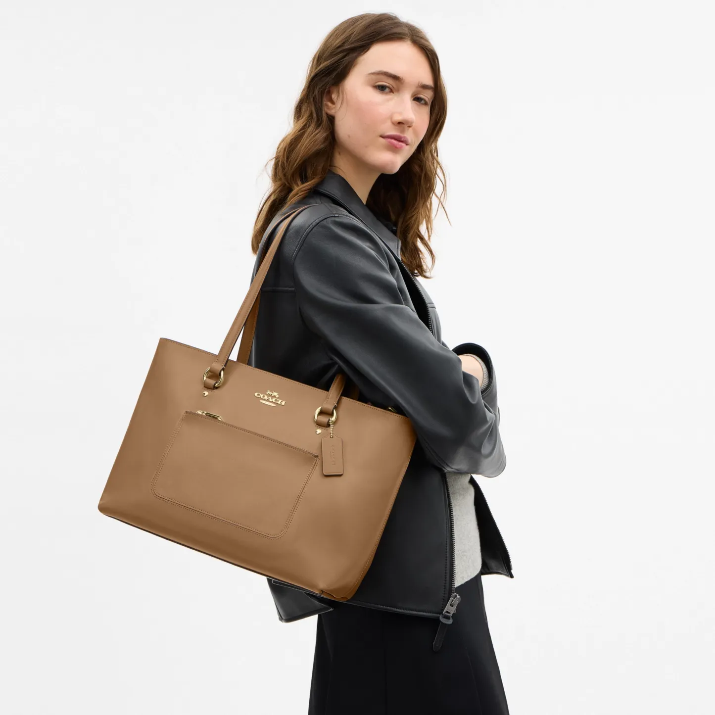 COACH®,Station Tote Bag,Leather,Recycled Polyester,Tote,Logo,Metal,Gold Metal,Work,Brown,Detail View