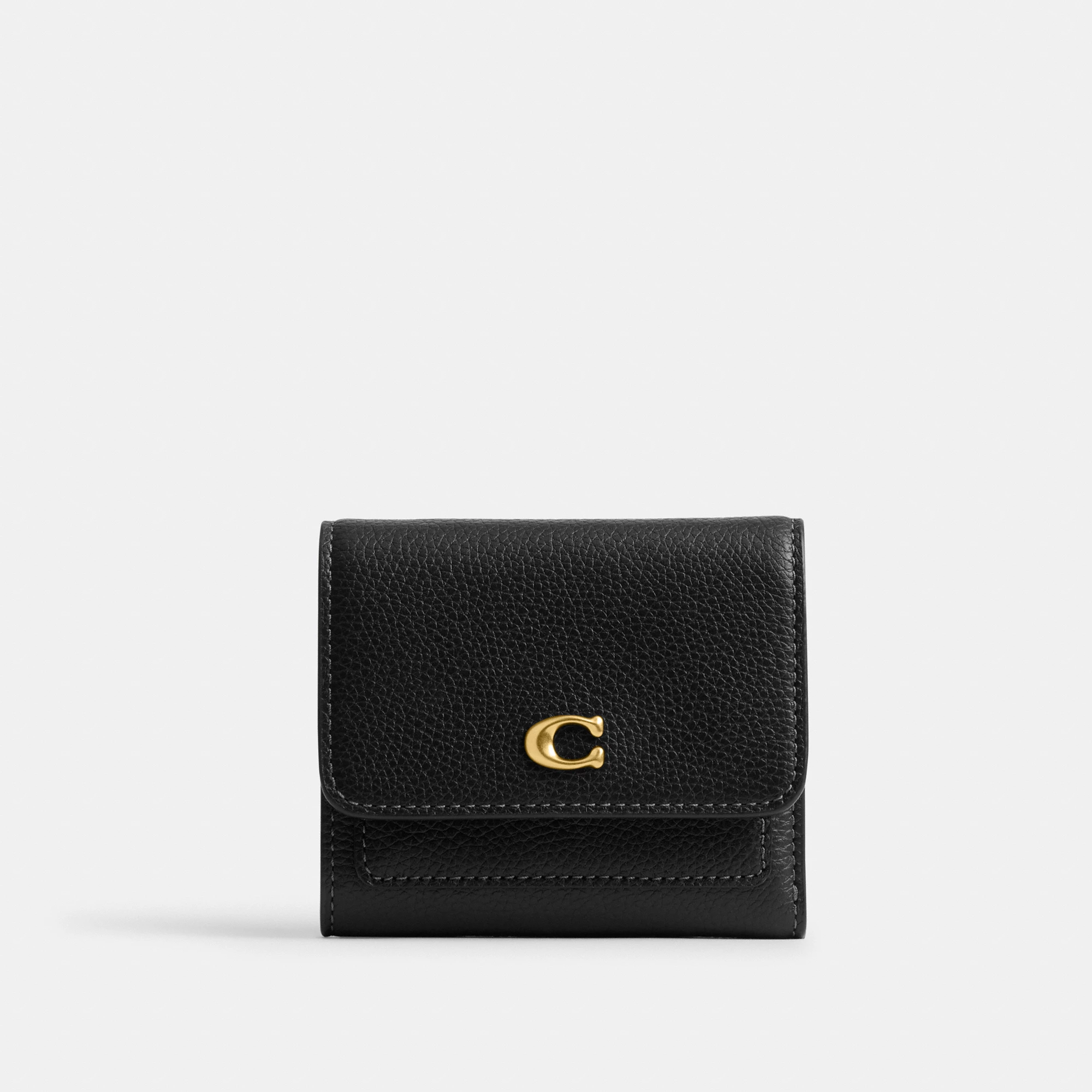 COACH®,Mila Small Flap Wallet,Leather,Tri Fold,Logo,Metal,Casual,Black,Front View