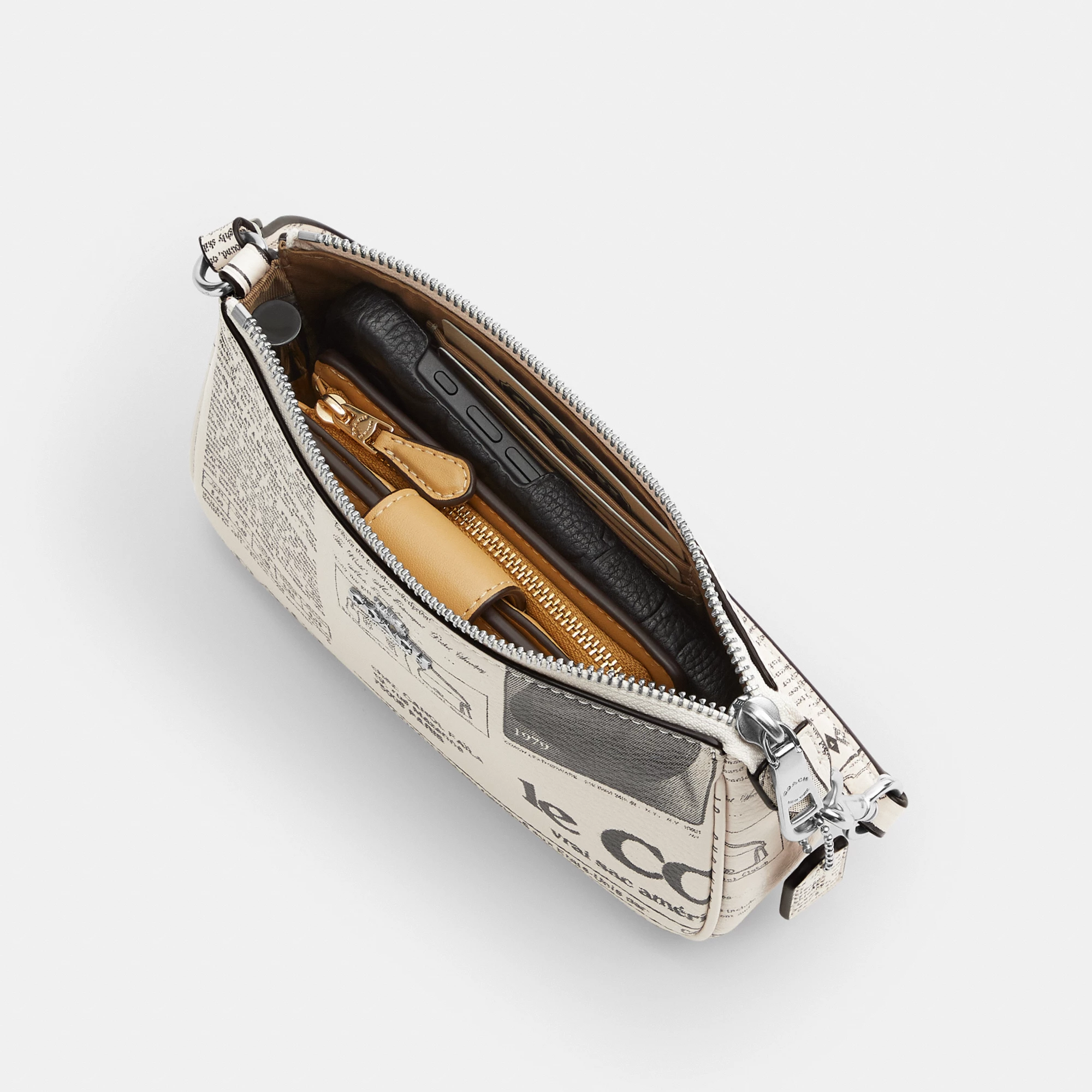 COACH®,Nolita 19 With Newspaper Print,Leather,Shoulder Bag,Metal,Silver Metal,Casual,Cream,Inside View,Top View