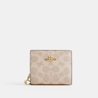 COACH®,Snap Wallet In Signature Canvas,Coin,Bi Fold,Sustainable,Casual,Beige,Front View
