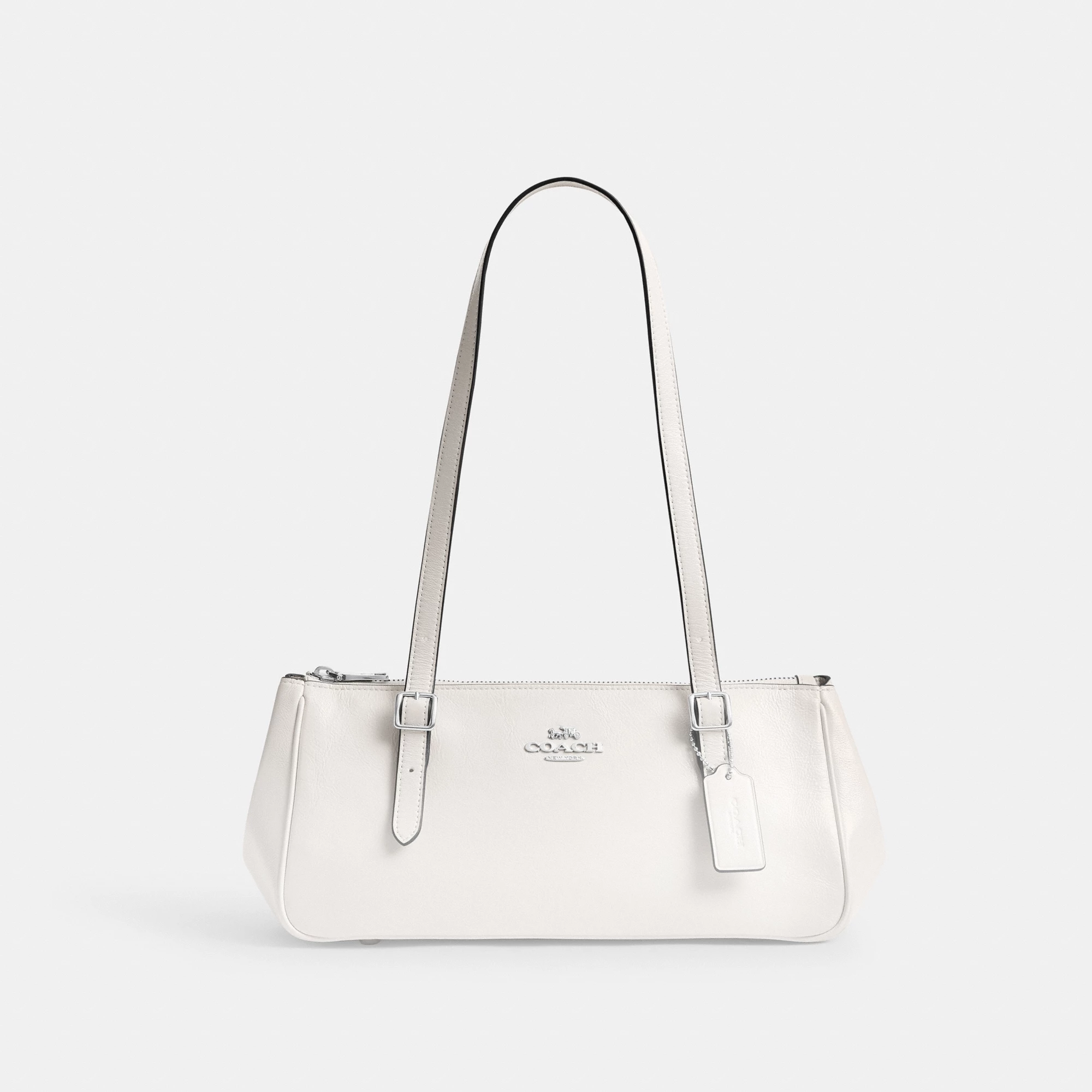COACH®,Asher Shoulder Bag,Leather,Shoulder Bag,Logo,Metal,Luggage Tag,Adjustable,Compact,Key Ring,Lined,Silver Metal,Casual,White,Front View