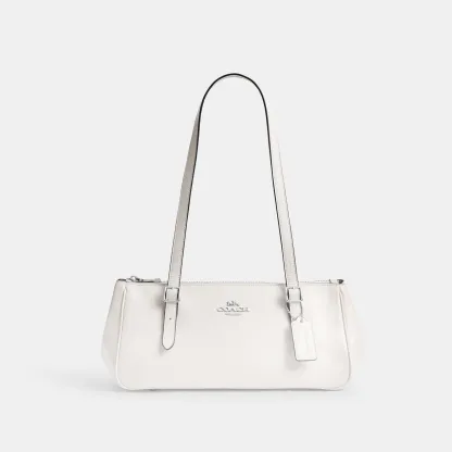 COACH®,Asher Shoulder Bag,Leather,Shoulder Bag,Logo,Metal,Luggage Tag,Adjustable,Compact,Key Ring,Lined,Silver Metal,Casual,White,Front View