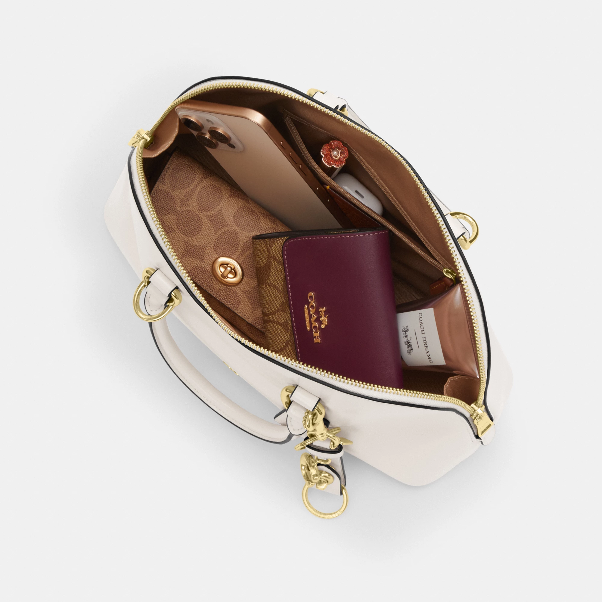 COACH®,Lara Satchel Bag,Recycled Polyester,Satchel,Logo,Metal,Casual,Cream,Inside View,Top View