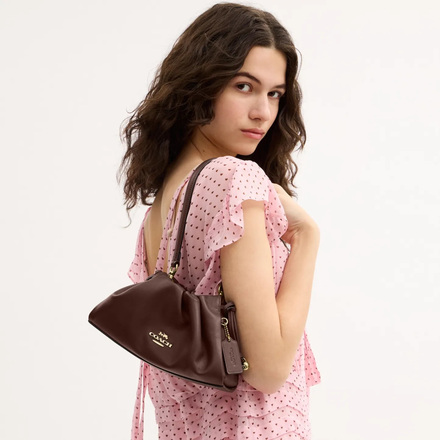 COACH®,Faye Shoulder Bag,Shoulder Bag,Metal,Ball Embellishment,Drawstring,Logo,Casual,Brown,Detail View