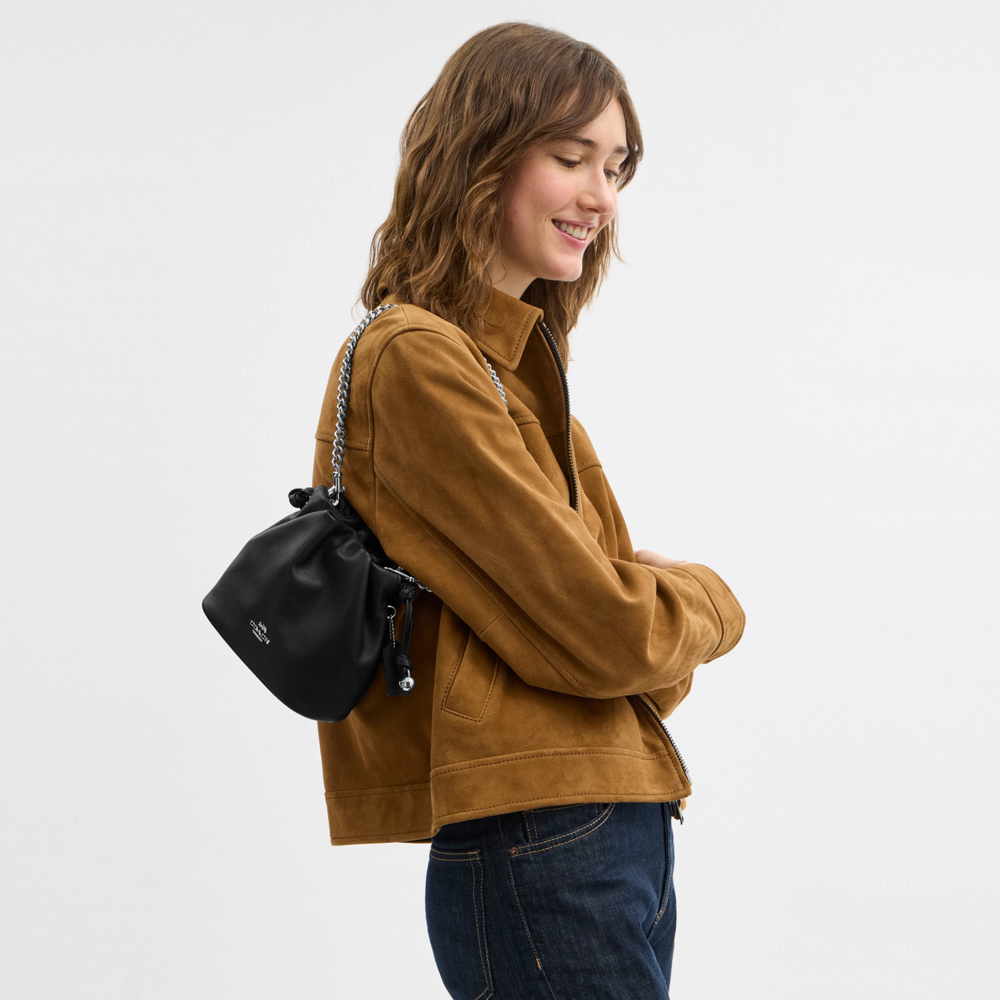 COACH®,Faye Mini Drawstring Bag,Leather,Bucket,Logo,Metal,Silver Metal,Day Party,Black,Detail View