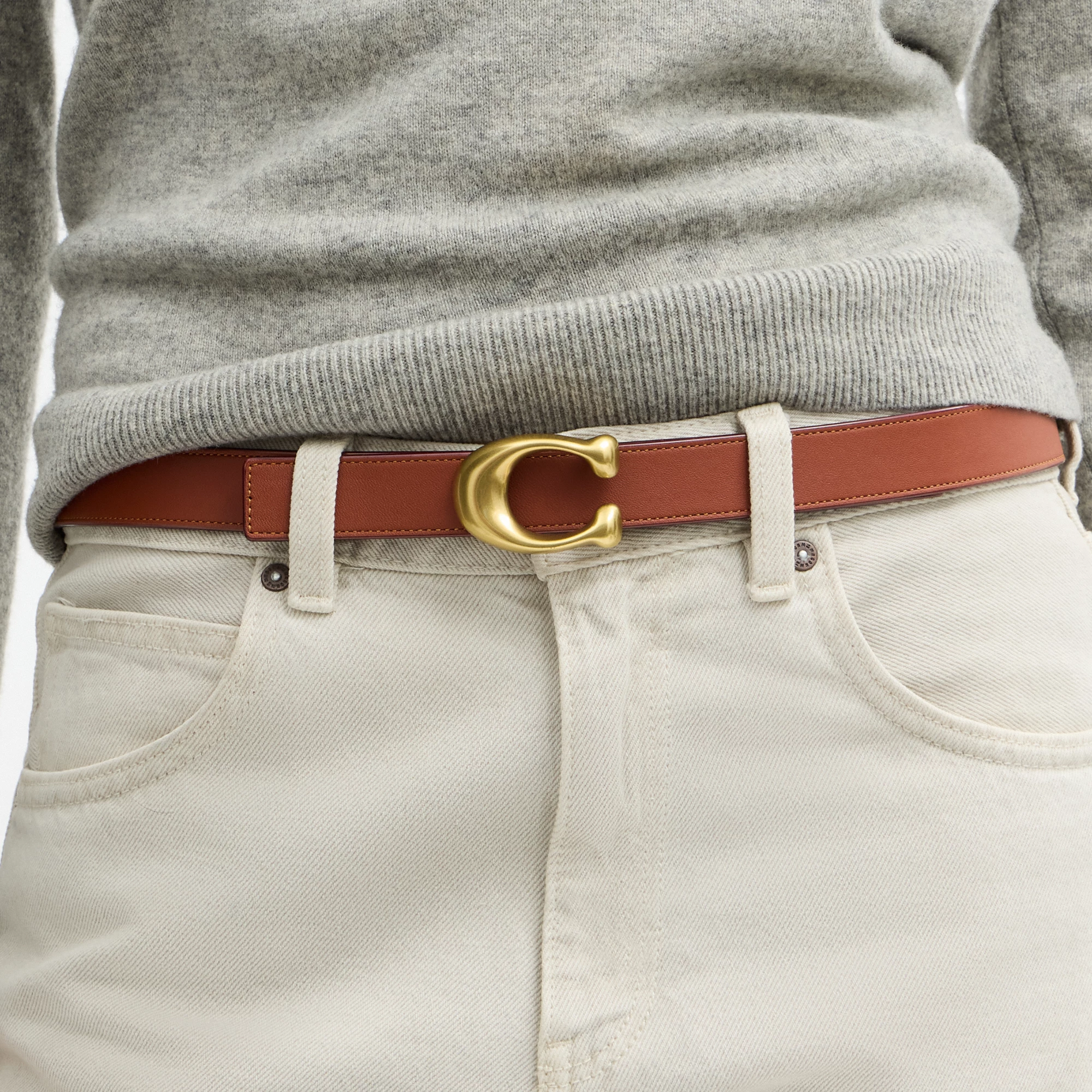 COACH®,Sculpted C Buckle Reversible Belt, 25 Mm,Canvas,Leather,Standard,Logo,Metal,Reversible,Brass Gold,Gold Metal,Casual,Brown,Detail View