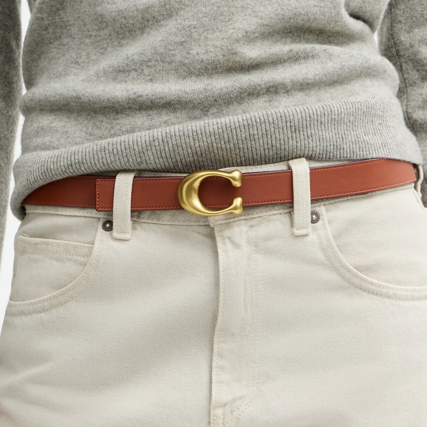 COACH®,Sculpted C Buckle Reversible Belt, 25 Mm,Canvas,Leather,Standard,Logo,Metal,Reversible,Brass Gold,Gold Metal,Casual,Brown,Detail View