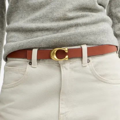 COACH®,Sculpted C Buckle Reversible Belt, 25 Mm,Canvas,Leather,Standard,Logo,Metal,Reversible,Brass Gold,Gold Metal,Casual,Brown,Detail View