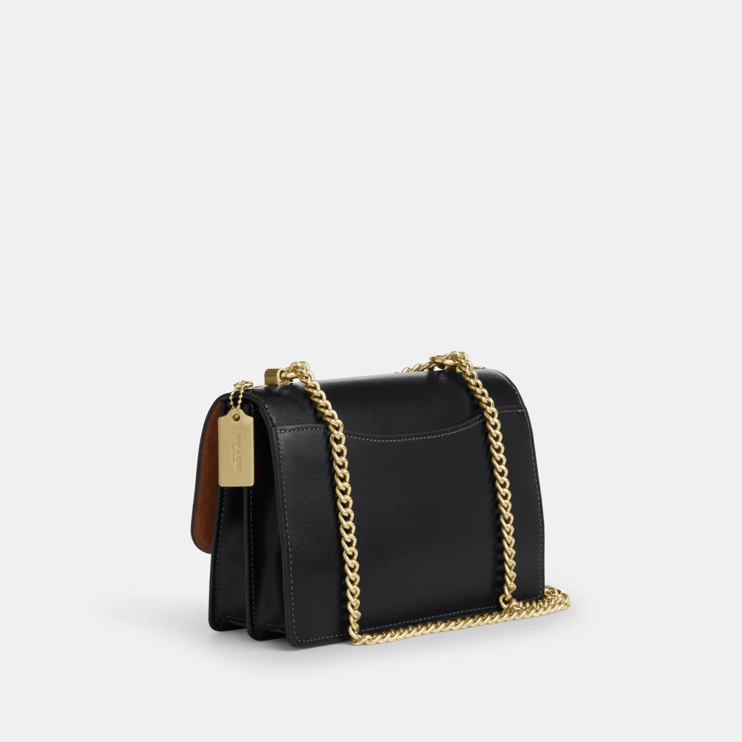 COACH®,Klare Crossbody Bag,Calfskin Leather,Leather,Crossbody,Metal,Logo,Luggage Tag,Adjustable,Lined,Compact,Gold Metal,D...,Black,Angle View