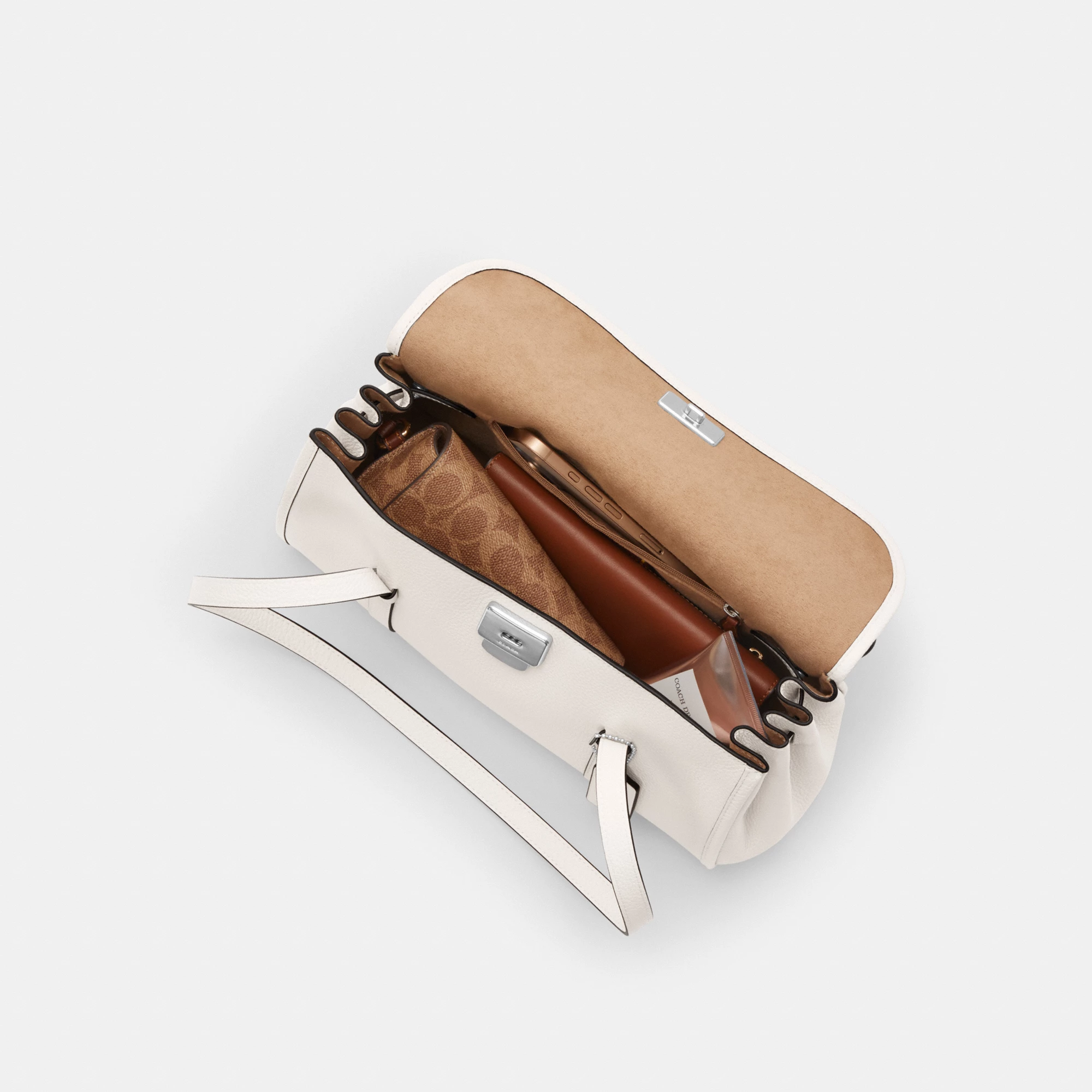 COACH®,Bridget Flap Shoulder Bag,Leather,Shoulder Bag,Logo,Metal,Gold Metal,Casual,White,Inside View,Top View