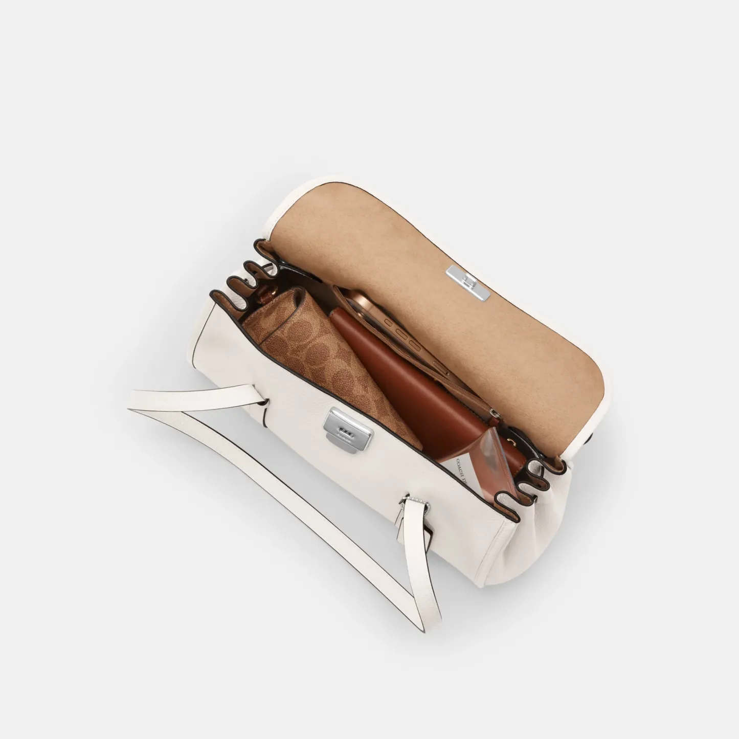 COACH®,Bridget Flap Shoulder Bag,Leather,Shoulder Bag,Logo,Metal,Gold Metal,Casual,White,Inside View,Top View