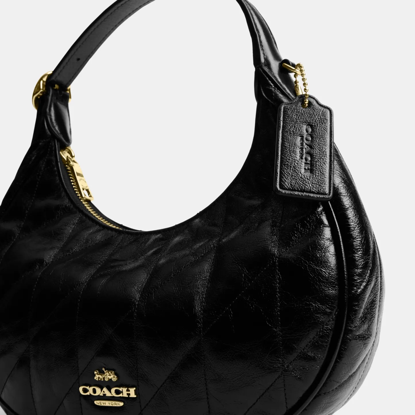 COACH®,Emily Shoulder Bag With Quilting,Recycled Polyester,Leather,Hobo,Pendant,Metal,Sustainable,Adjustable,Gold Metal,Da...,Black,Closer View