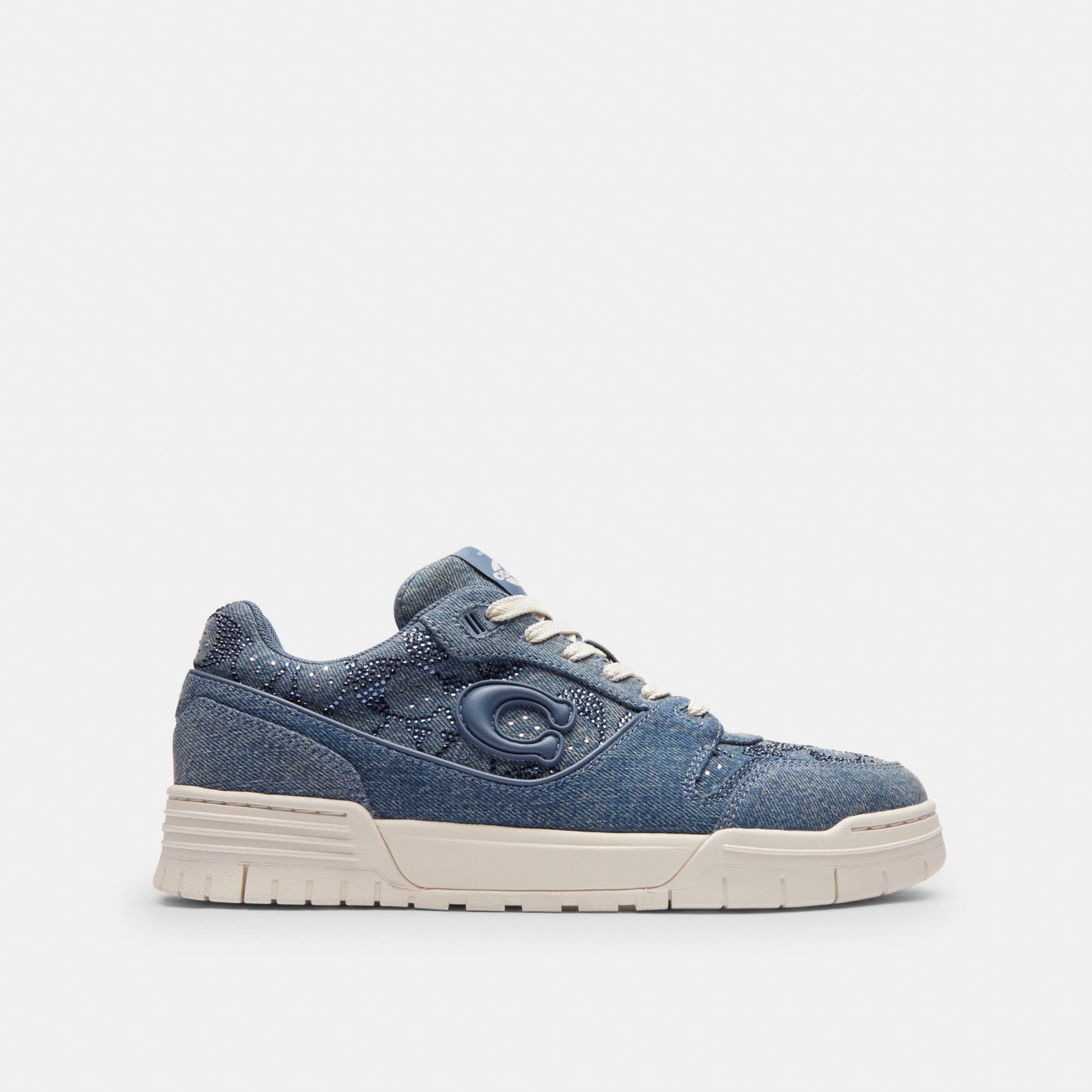 COACH®,Soho Sneaker In Signature Denim,Denim,EVA,Rubber,Recycled Polyester,Recycled Rubber,Low Top,Activewear,Fabric,Logo,...,Blue,Angle View