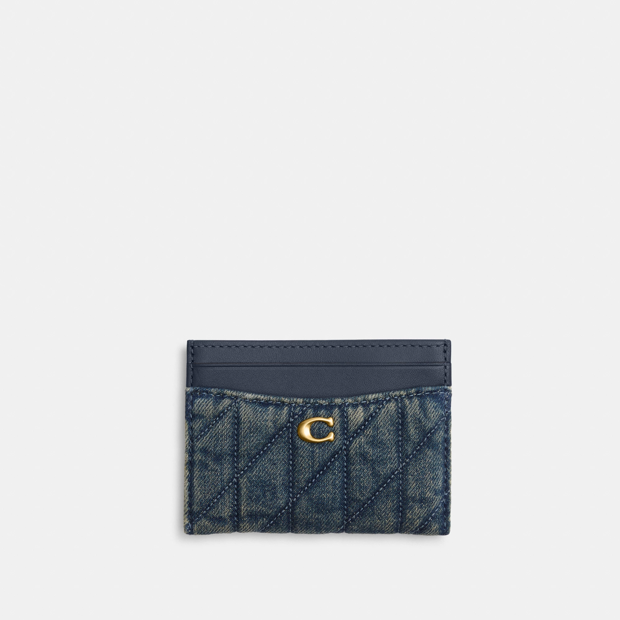 COACH®,Essential Card Case In Regenerative Cotton Denim With Quilting,Denim,Leather,Cotton,Card Case,Logo,Metal,Casual,Navy,Front View