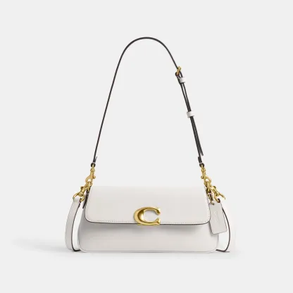 COACH®,Jet Shoulder Bag,Calfskin Leather,Shoulder Bag,Logo,Metal,Gold Metal,Casual,White,Front View