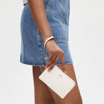 COACH®,Corner Zip Wristlet,Leather,Pouch,Wristlet,Word Embellishment,Logo,White,Detail View