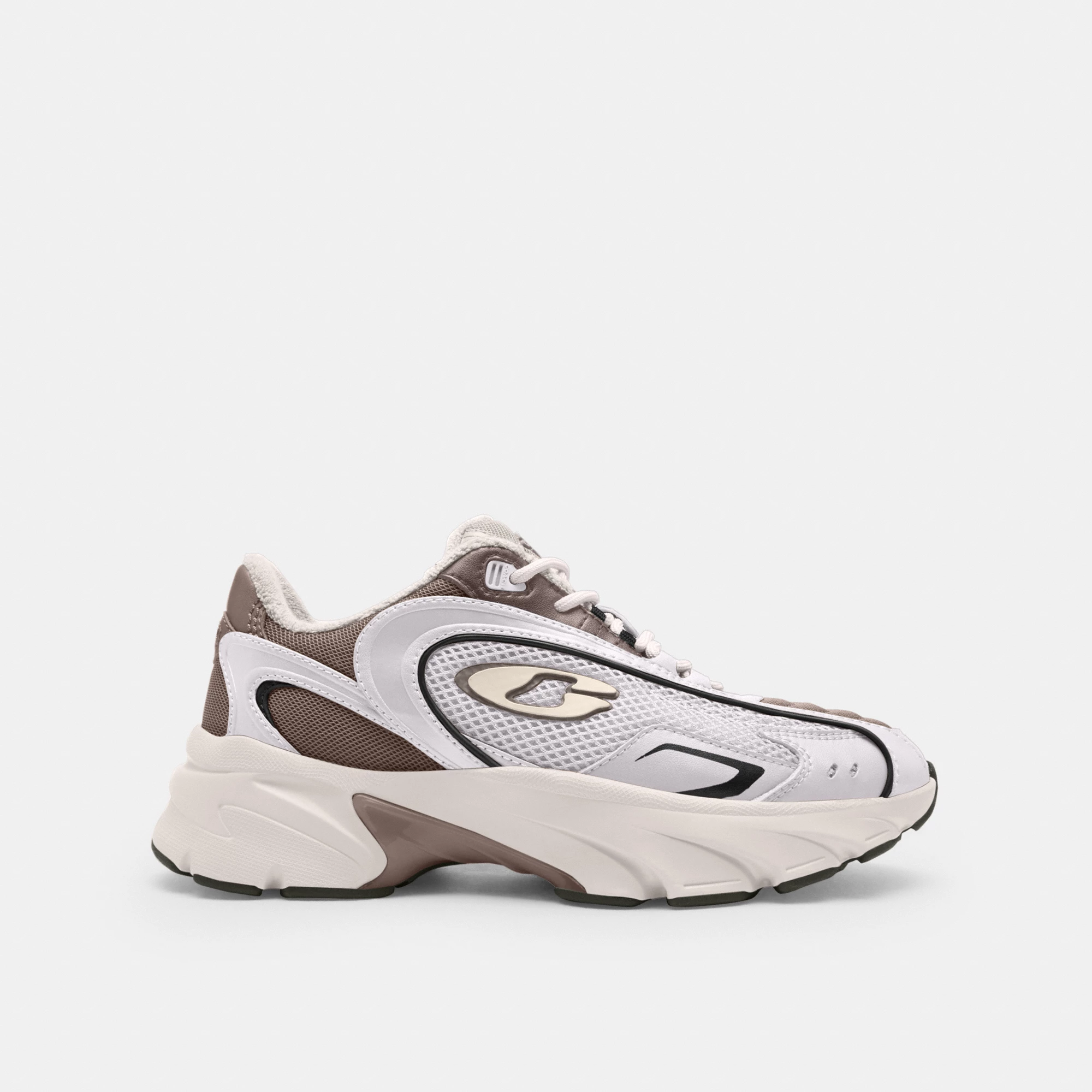 COACH®,Bolt Runner Sneaker,Leather,Rubber,Mesh,Low Top,Activewear,Fabric,Color Block,Logo,Cushioned,Flexible Insole,Pull T...,Gray,Angle View