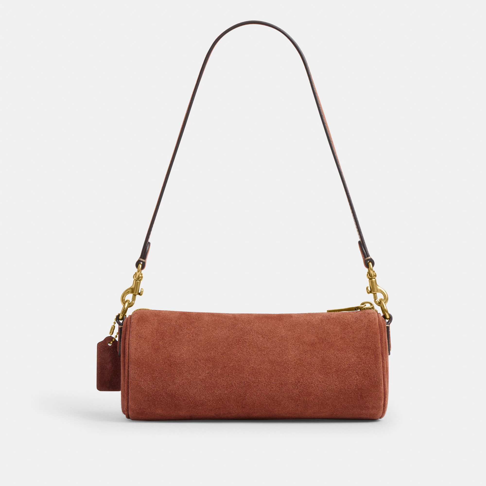 COACH®,Barrel Bag,Calfskin Leather,Suede,Barrel Bag,Pendant,Lined,Adjustable,Brass,Casual,Brown,Back View