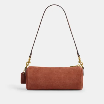 COACH®,Barrel Bag,Calfskin Leather,Suede,Barrel Bag,Pendant,Lined,Adjustable,Brass,Casual,Brown,Back View
