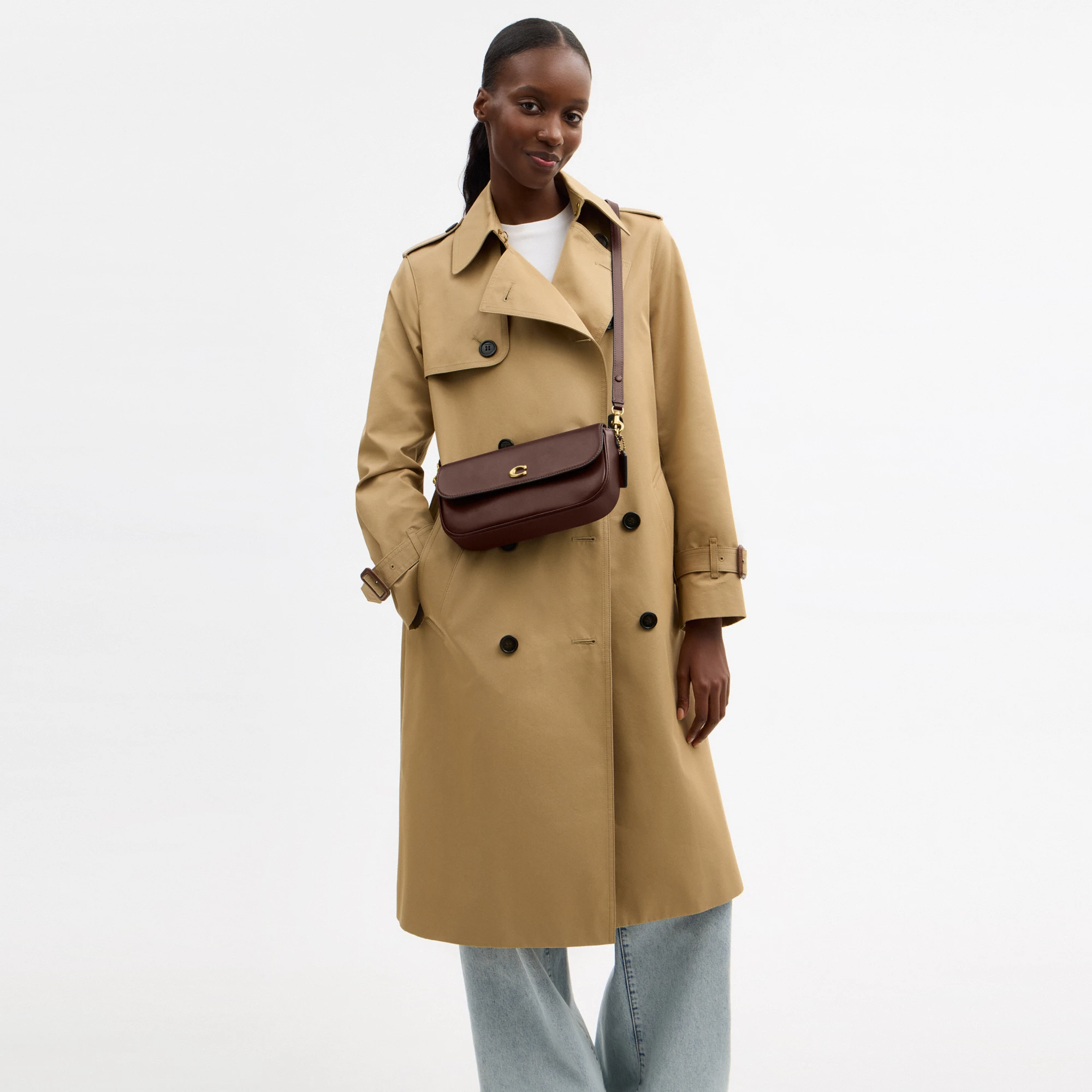 COACH®,Brook Flap Chain Bag,Calfskin Leather,Leather,Fabric,Shoulder Bag,Logo,Metal,Compact,Adjustable,Shoulder Guard,Gold...,Brown