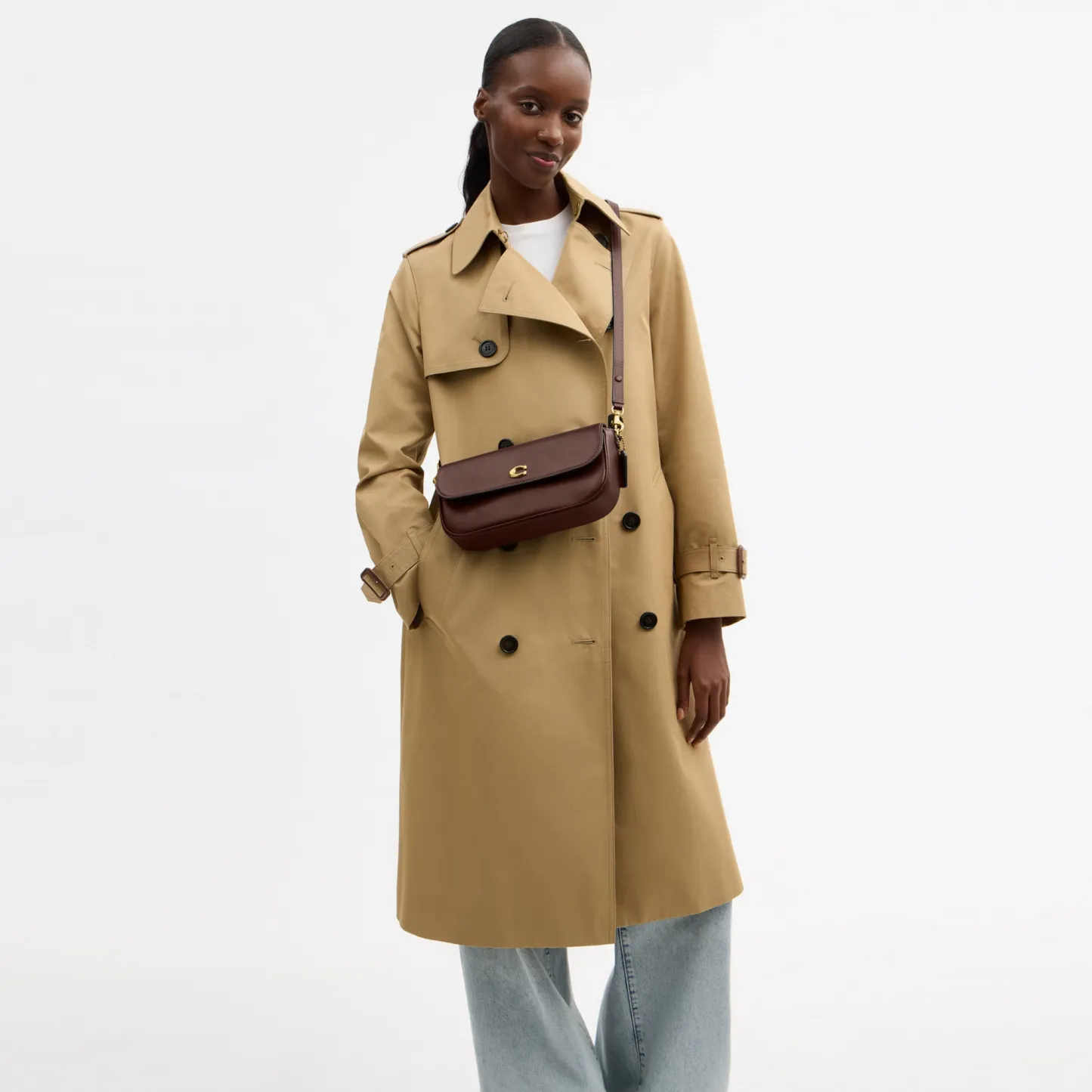 COACH®,Brook Flap Chain Bag,Calfskin Leather,Leather,Fabric,Shoulder Bag,Logo,Metal,Compact,Adjustable,Shoulder Guard,Gold...,Brown
