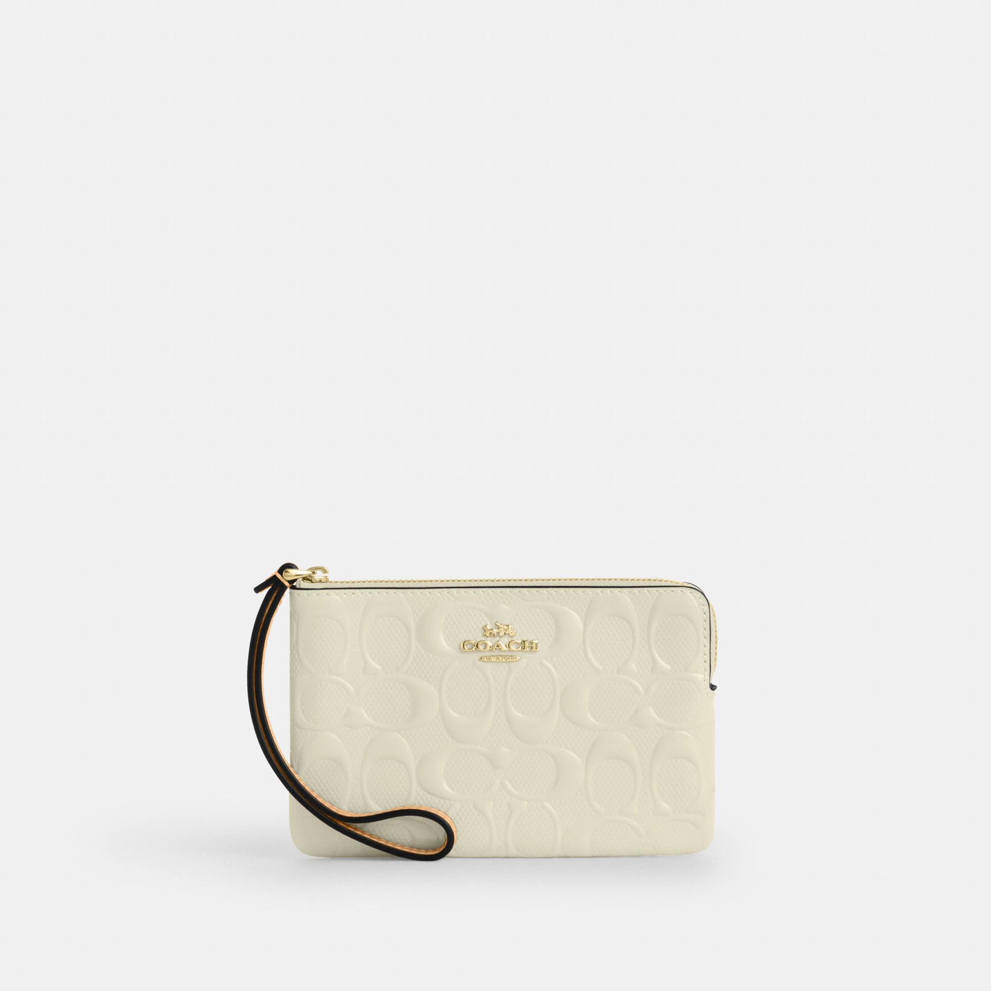 COACH®,Corner Zip Wristlet In Signature Leather,Leather,Recycled Polyester,Wristlet,Gold Metal,Casual,Yellow,Front View