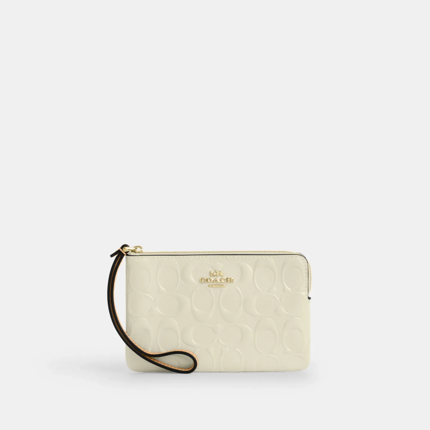 COACH®,Corner Zip Wristlet In Signature Leather,Leather,Recycled Polyester,Wristlet,Gold Metal,Casual,Yellow,Front View