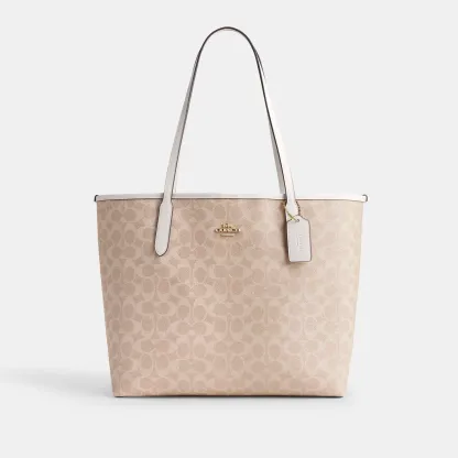COACH®,City Tote Bag In Signature Canvas,Tote,Metal,Tag Embellishment,Color Block,Embossed,Piping,Logo,Casual,Beige,Front View